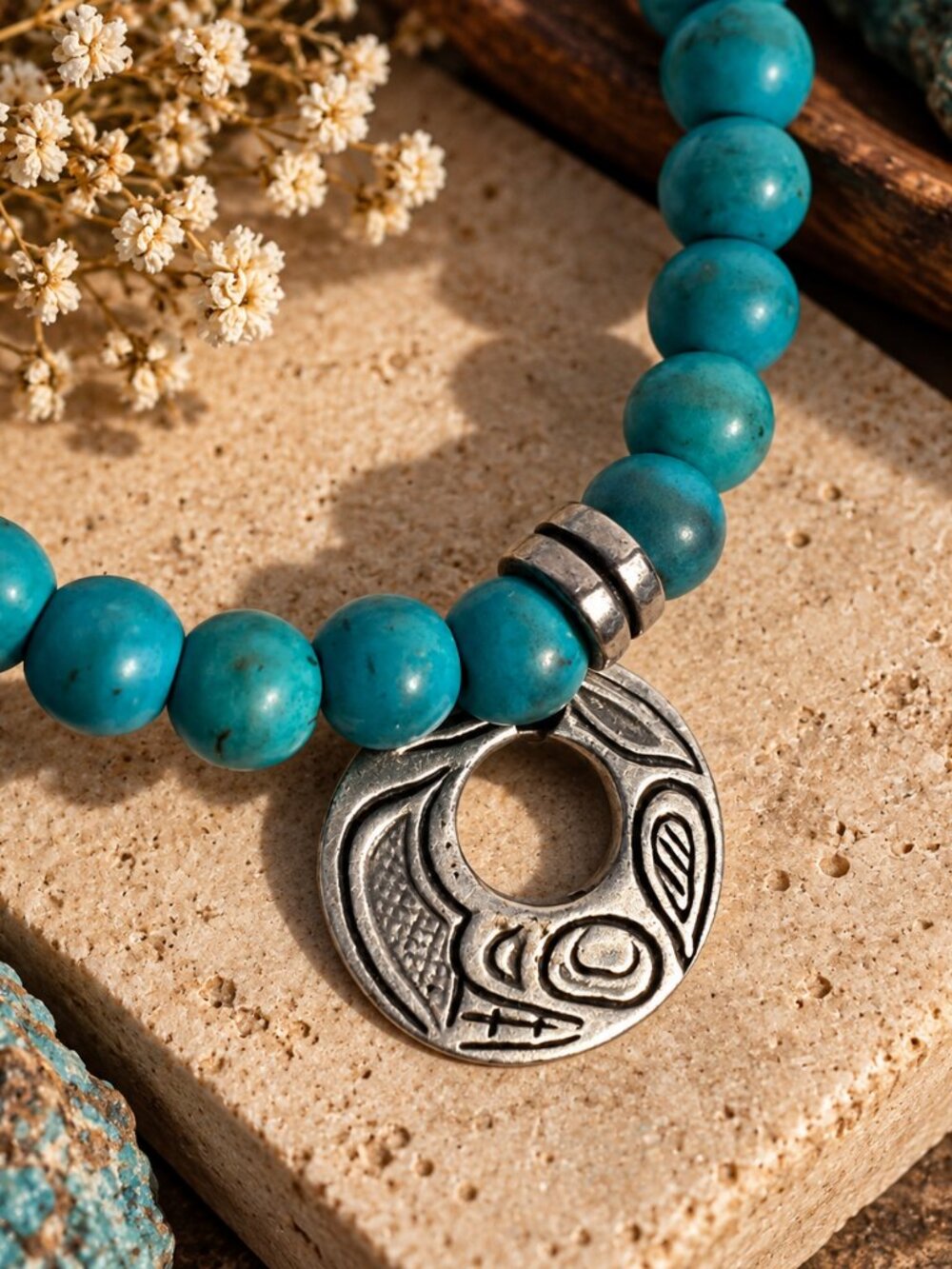 Alex Helin Tsimshian Orca Pewter Charm Turquoise Bead Bracelet